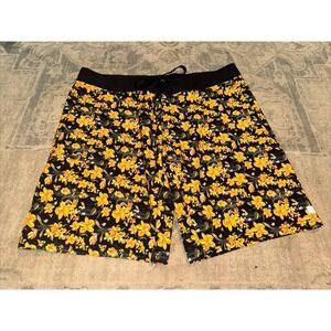 AVID Iconic Board Shorts Yellow Honey Hole‎ Floral Fish Mens Sz 38 Stretch
